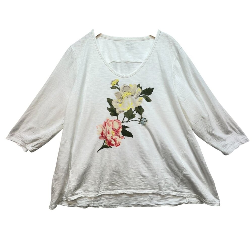 Chicos Ultimate Tee Blouse Top Womens XXL White Floral Embroidered Summer Casual